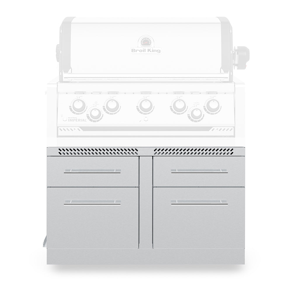 Broil King stainless steel grill cabinet with control knobs and four drawer fronts