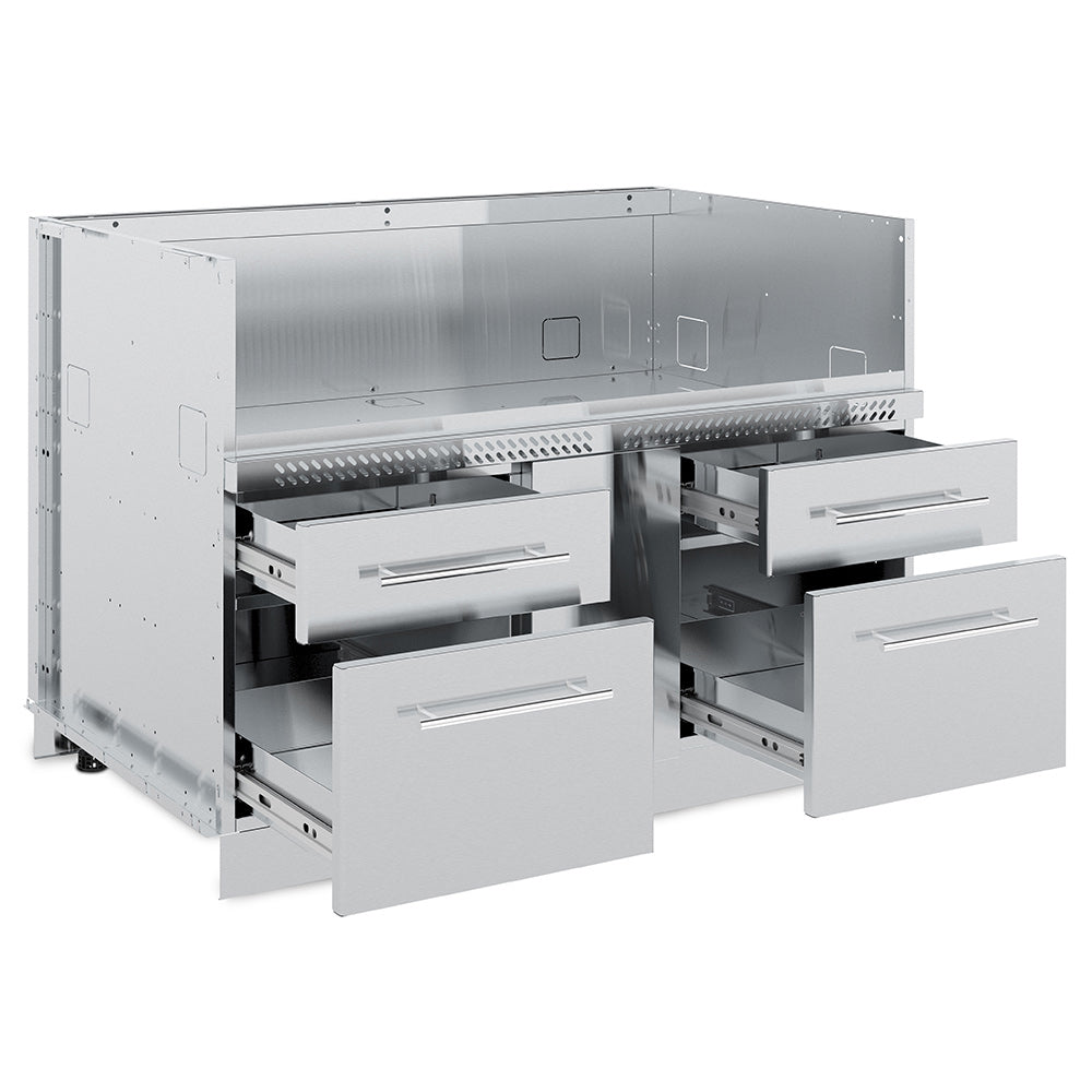 Stainless steel 6-burner grill cabinet with open side shelves and drawers