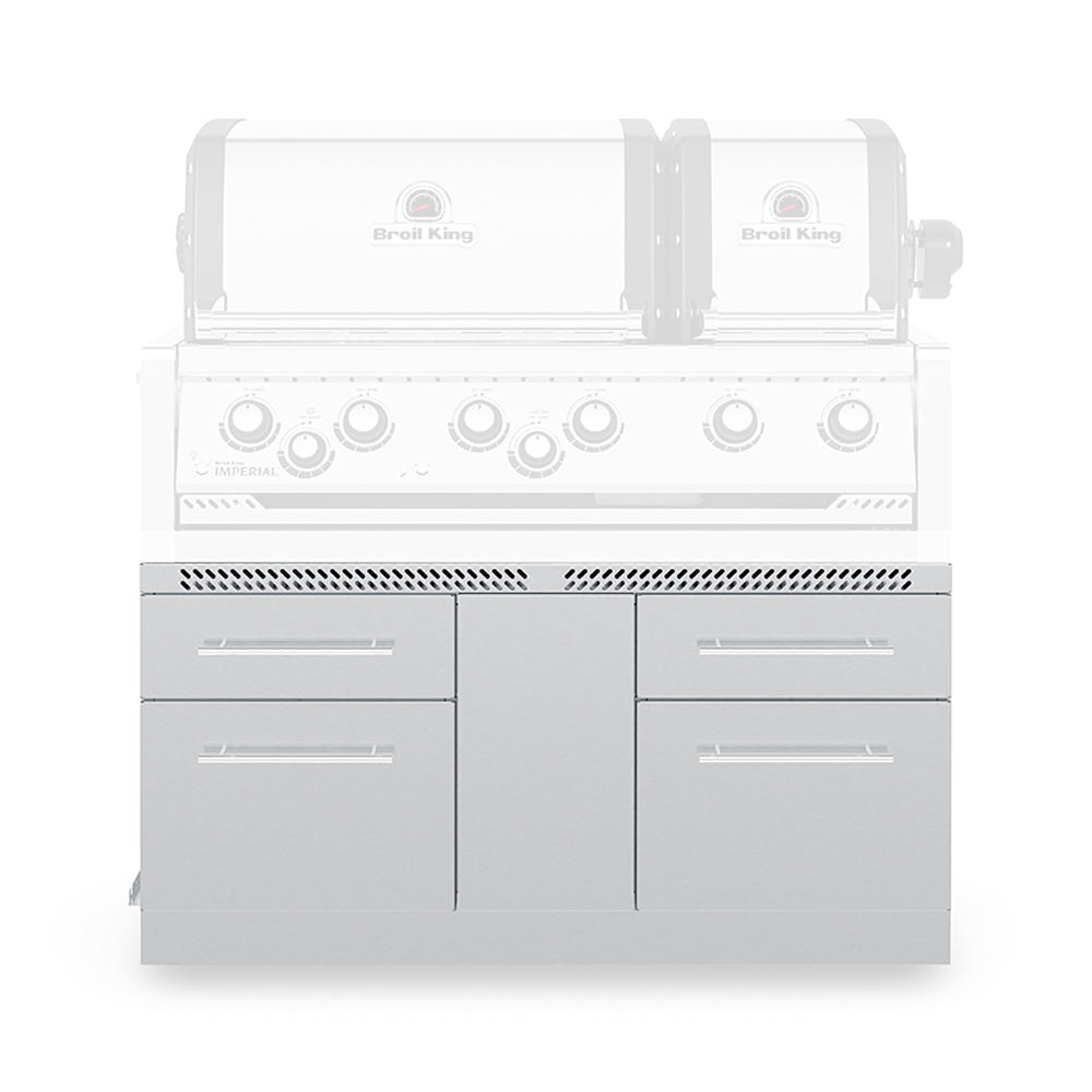 Stainless steel 6-burner grill cabinet with front control knobs and storage doors