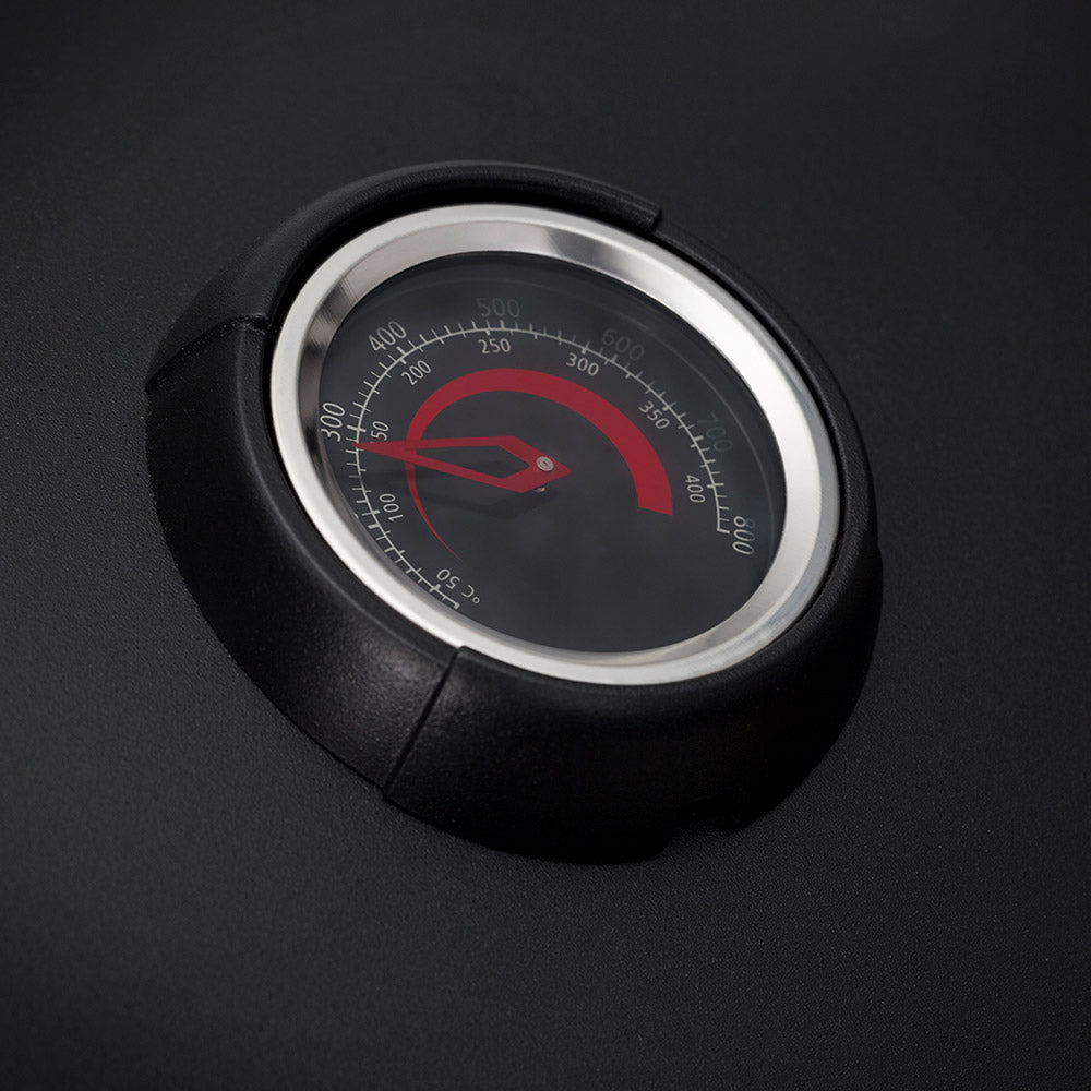Smoker temperature gauge with black bezel and red indicator needle