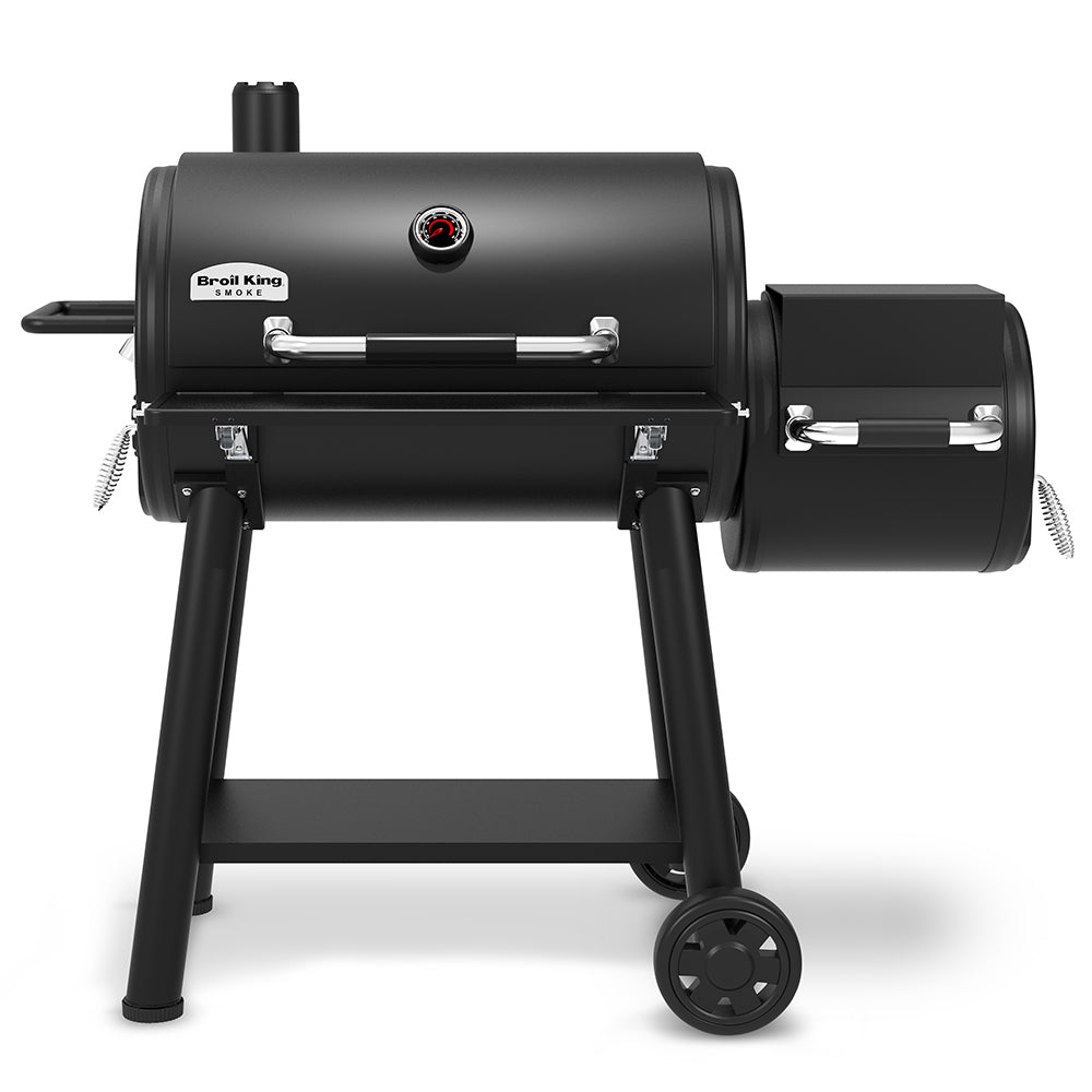 Charcoal offset smoker with door handles, side shelf, and four legs in dark finish