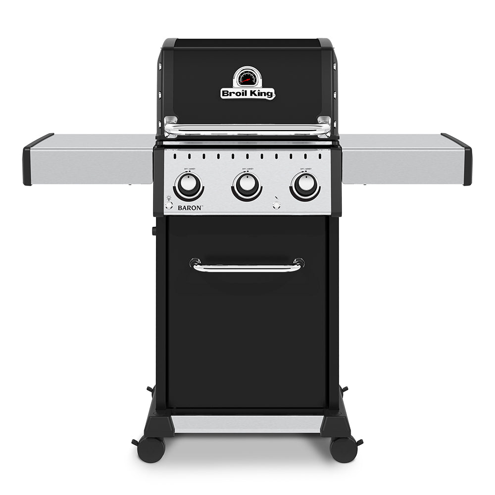 Broil King Baron 3-burner gas grill with black lid and front control knobs