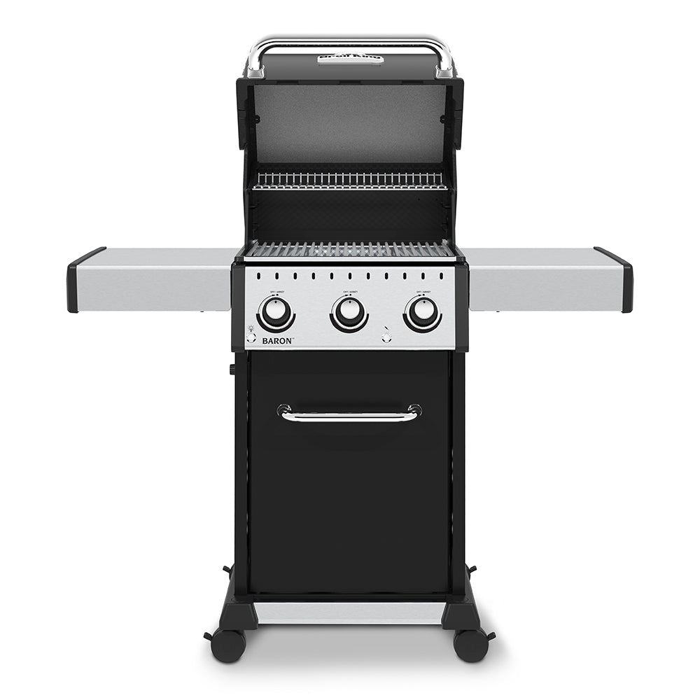 Open 3-burner gas grill with lid raised, stainless grates and front control knobs