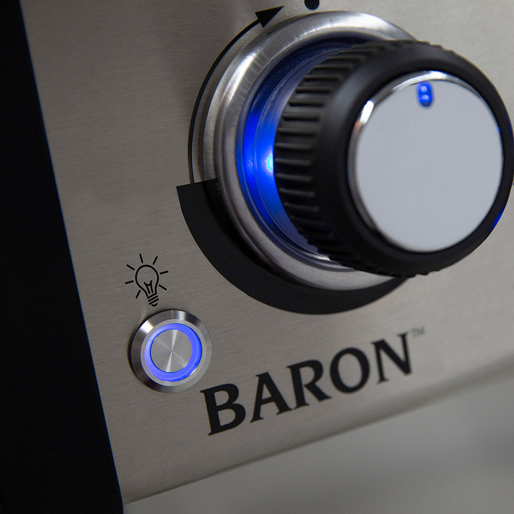 Grill control knob with blue ring labeled BARON