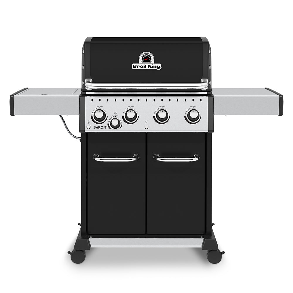 Gas grill with side burner, black cabinet and stainless control panel, 4 burners