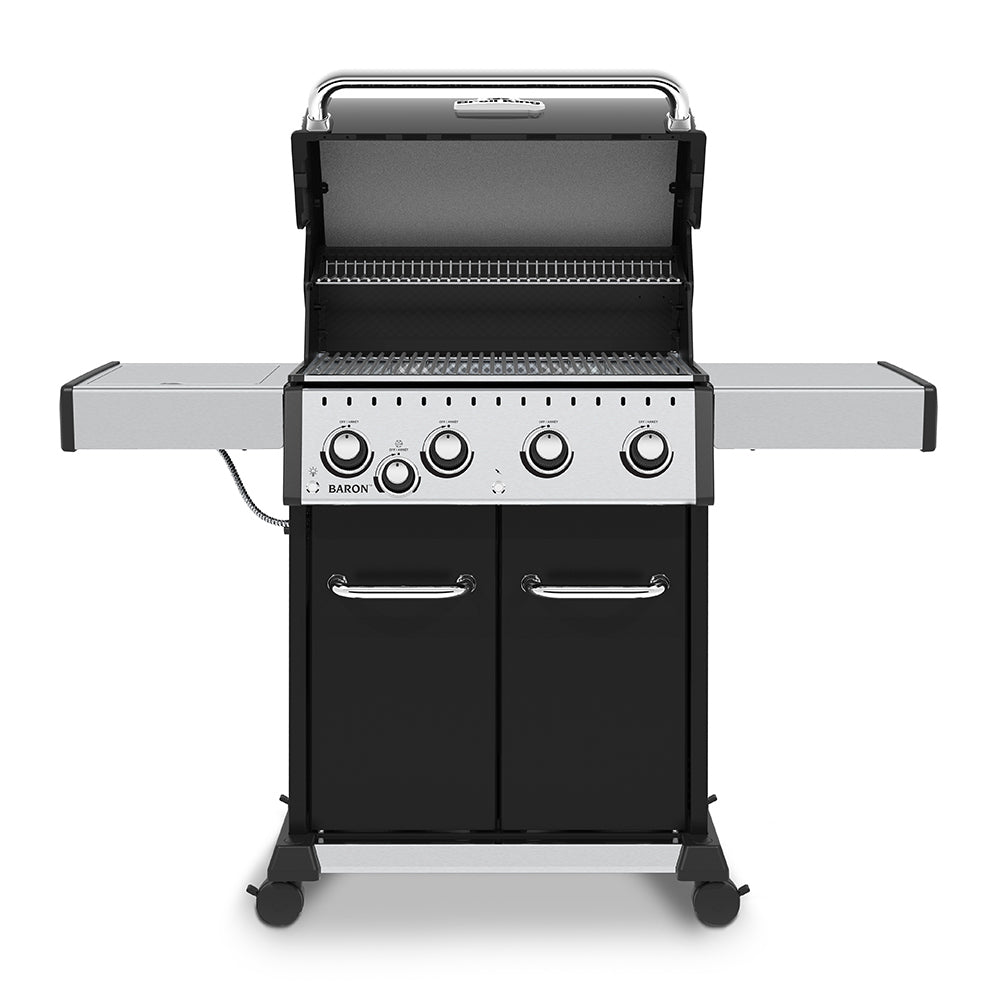Gas grill with open lid, black firebox and stainless control panel with knobs