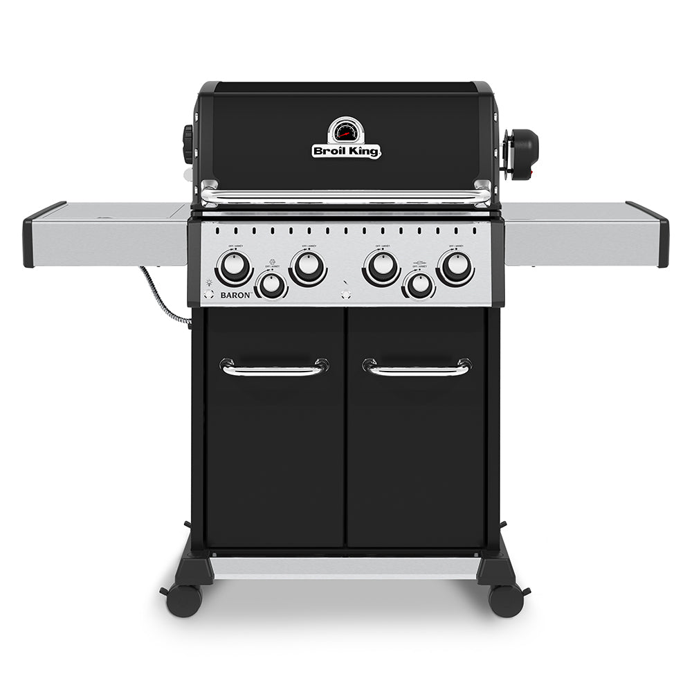 4-burner gas grill with side shelves, black body, stainless control panel and knobs