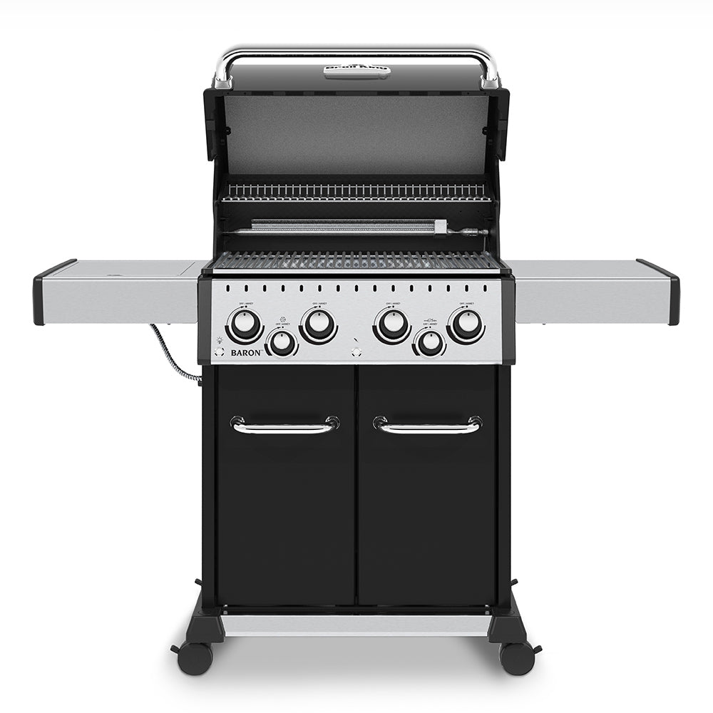 4-burner gas grill with lid open, black body, stainless control panel, side shelves