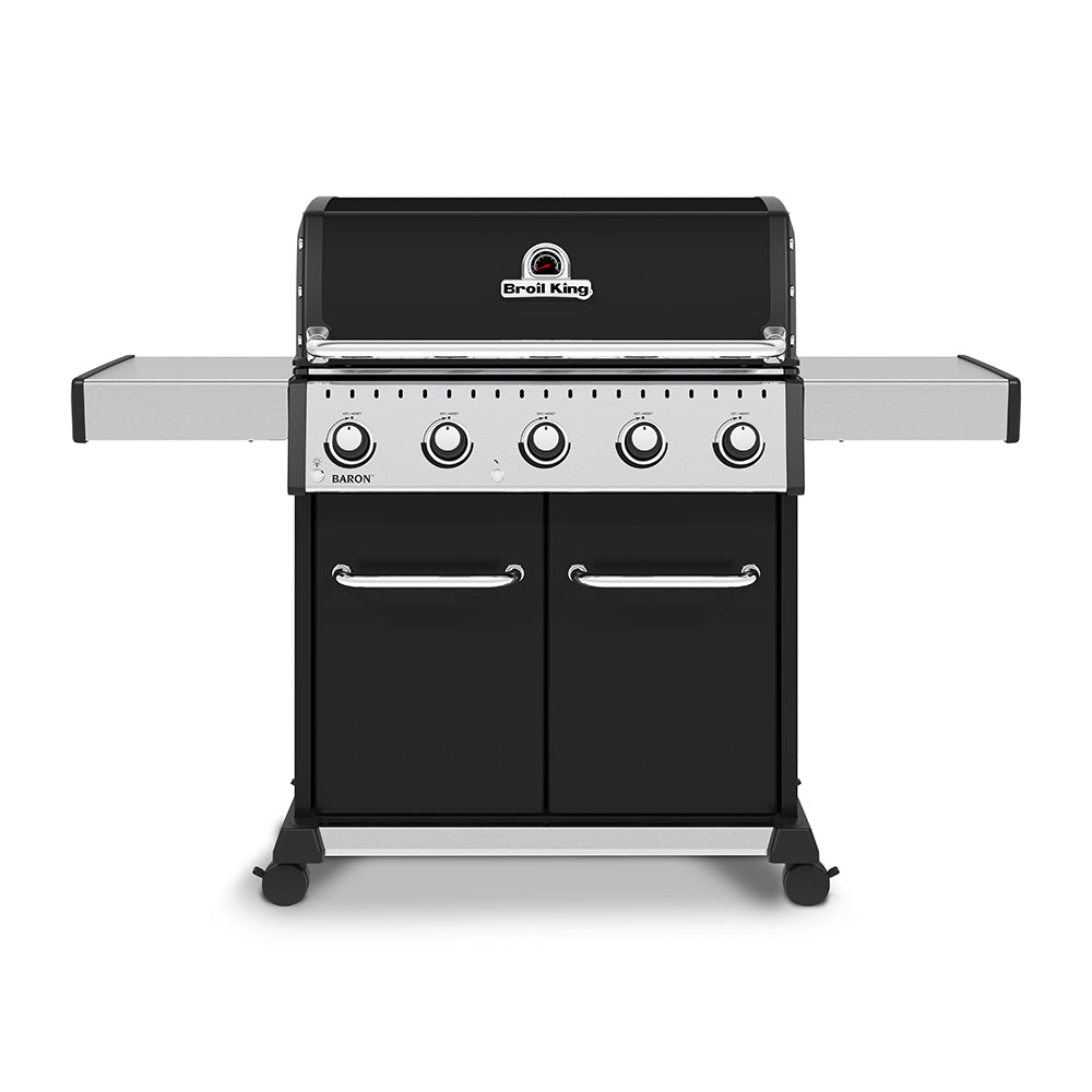 5-burner gas grill with black lid, four control knobs, and side control panel