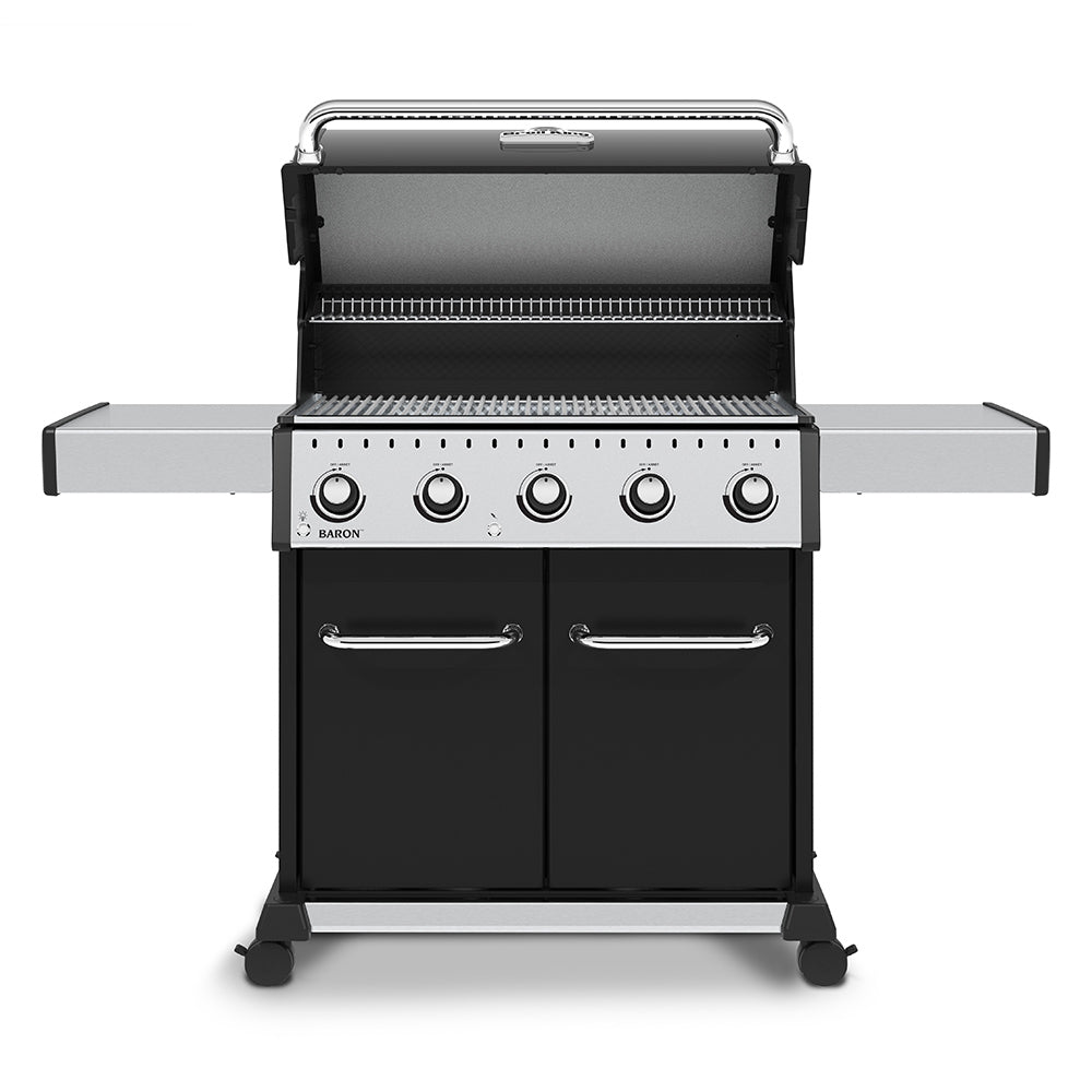 5-burner gas grill with open lid, control panel, and two side doors
