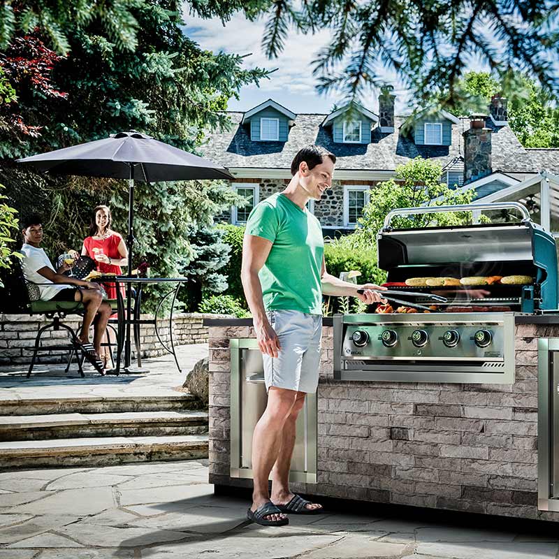 Stainless steel built-in gas grill head with open hood and cooking grate surface