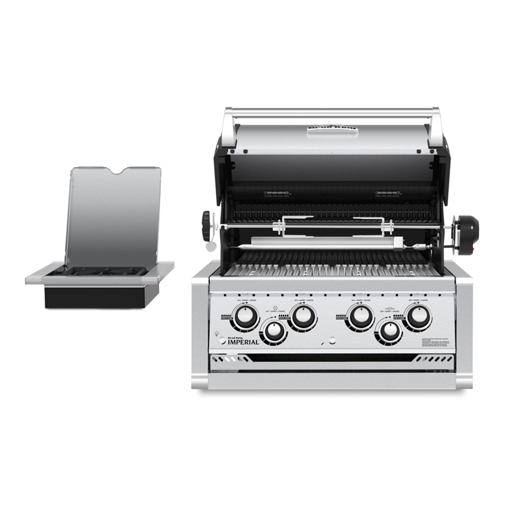Open-lid 4-burner built-in grill with stainless steel lid and control knobs