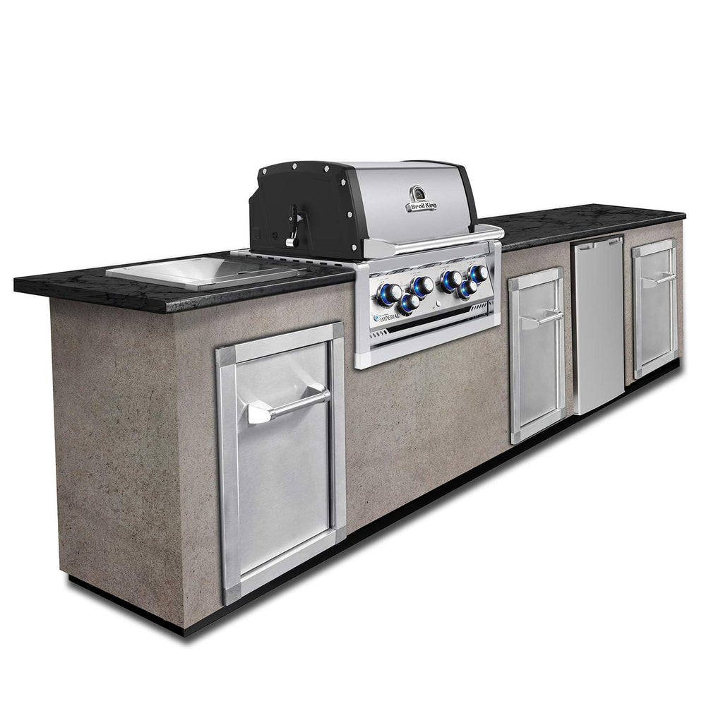Built-in gas grill with side burner and storage doors, stainless steel and dark panels