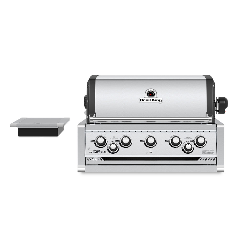 Broil King built-in 5-burner stainless steel grill with front control knobs and side shelf