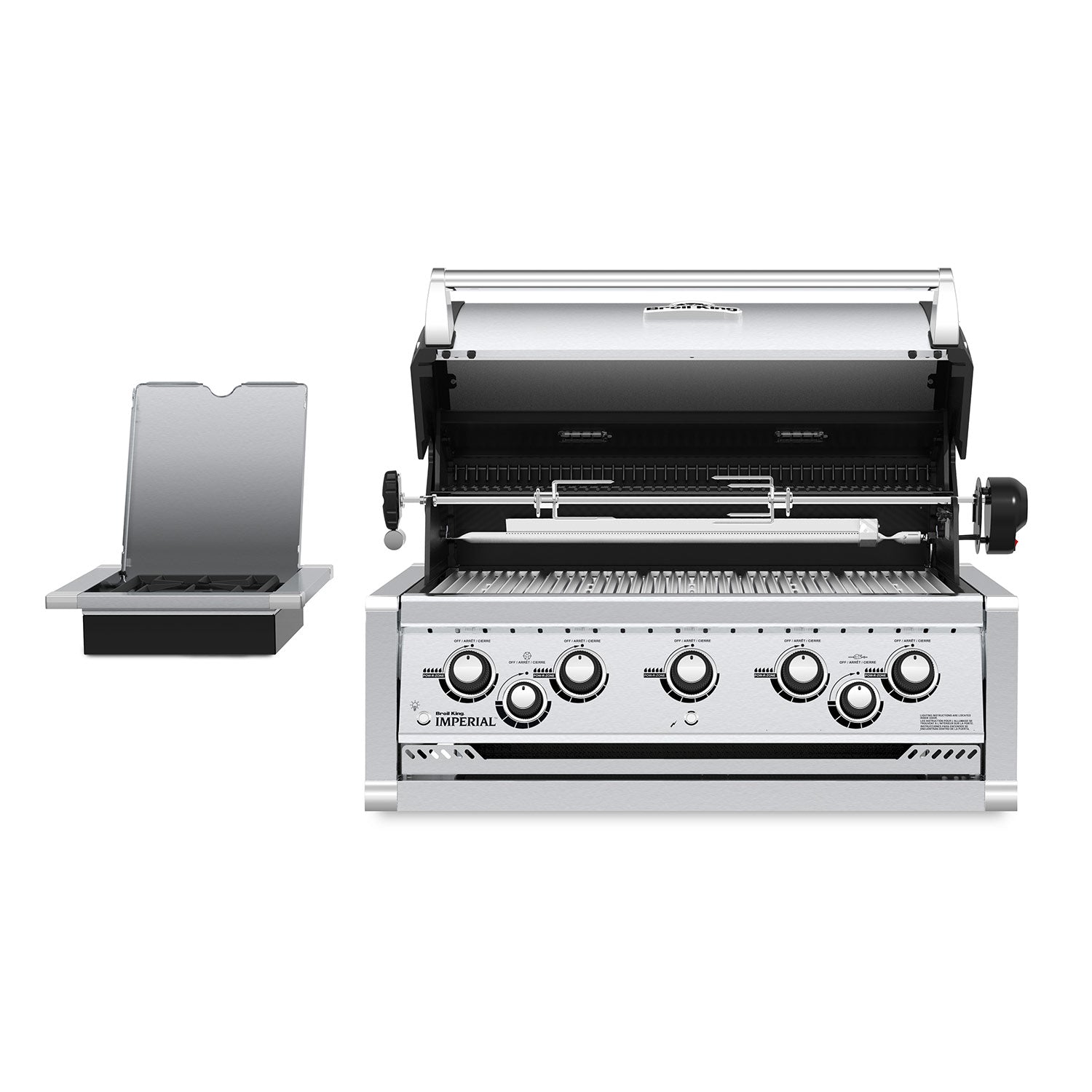 Broil King built-in stainless steel grill with open hood and control panel