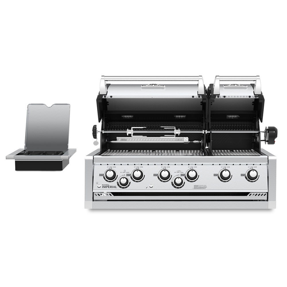 Broil King Imperial gas grill with dual open hoods and stainless control knobs