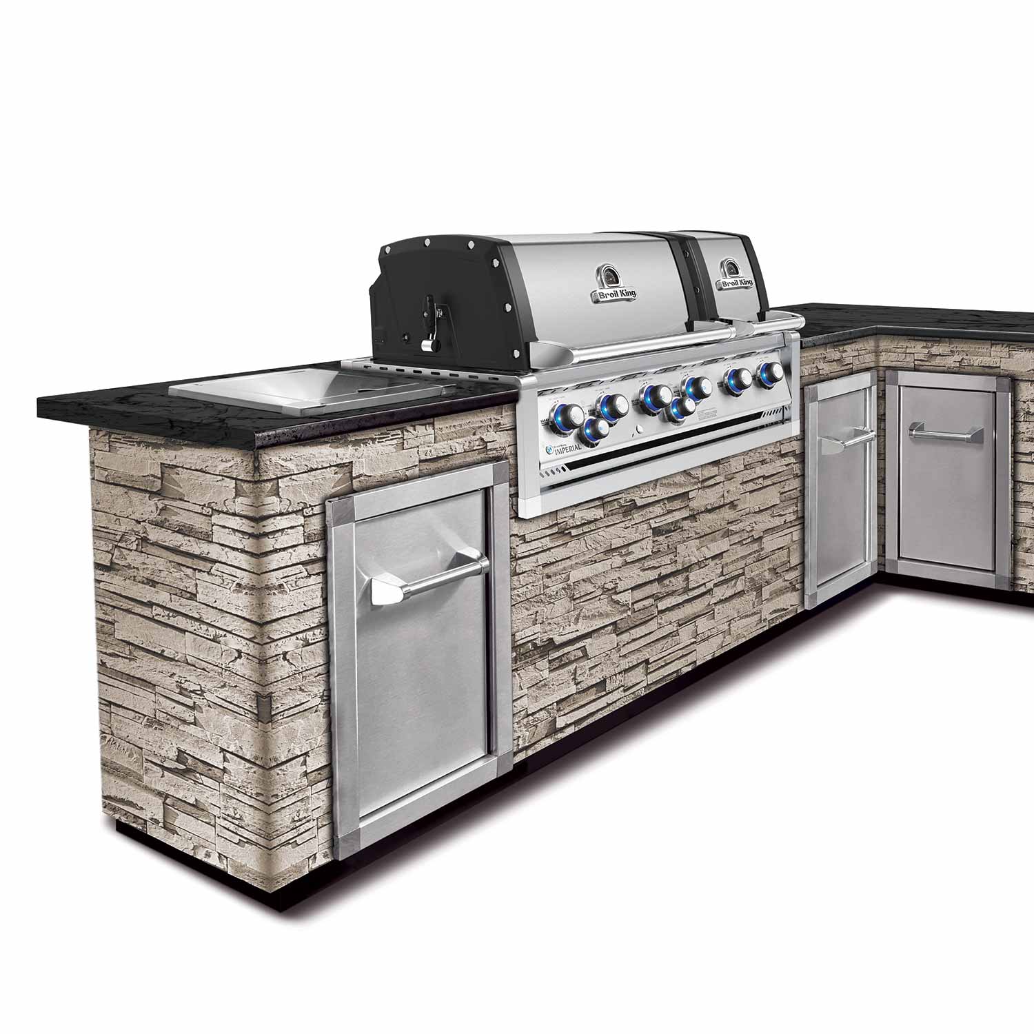 Stainless gas grill with stone side panel cabinets and open hood