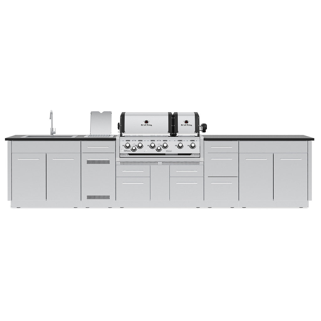 Stainless gas grill with side storage cabinets and front row control knobs