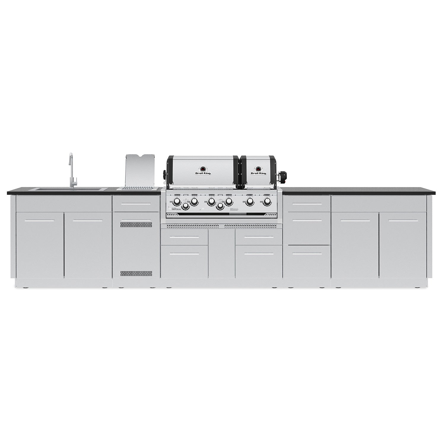 Stainless gas grill with side storage cabinets and front row control knobs