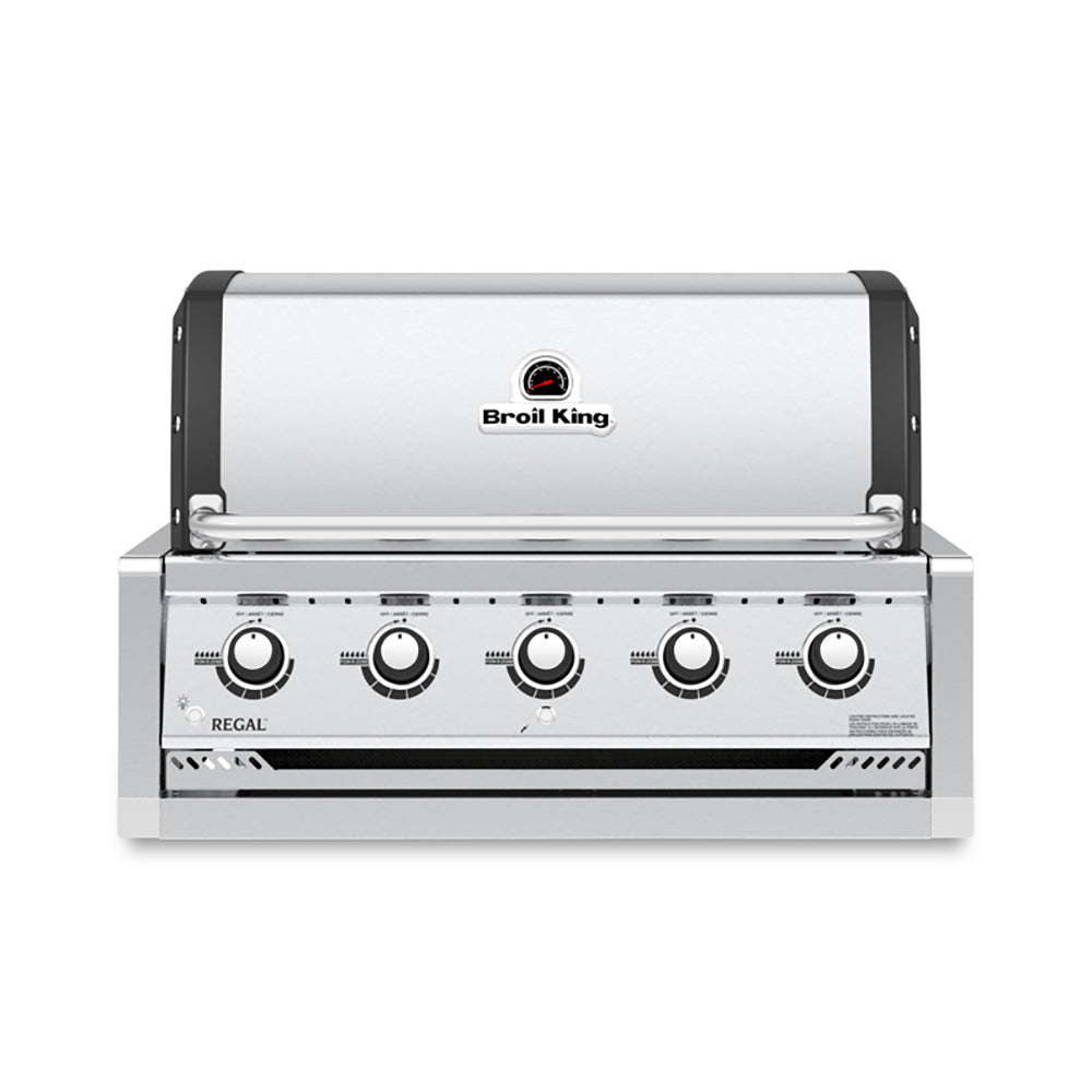 Stainless steel 5-burner built-in gas grill head with control knobs and brand logo