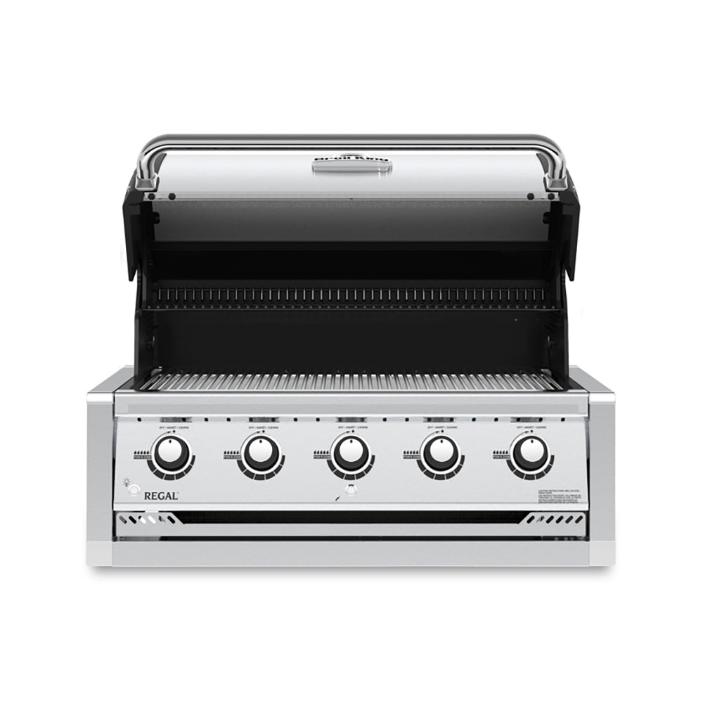 Stainless steel 5-burner gas grill head with open hood and front control knobs