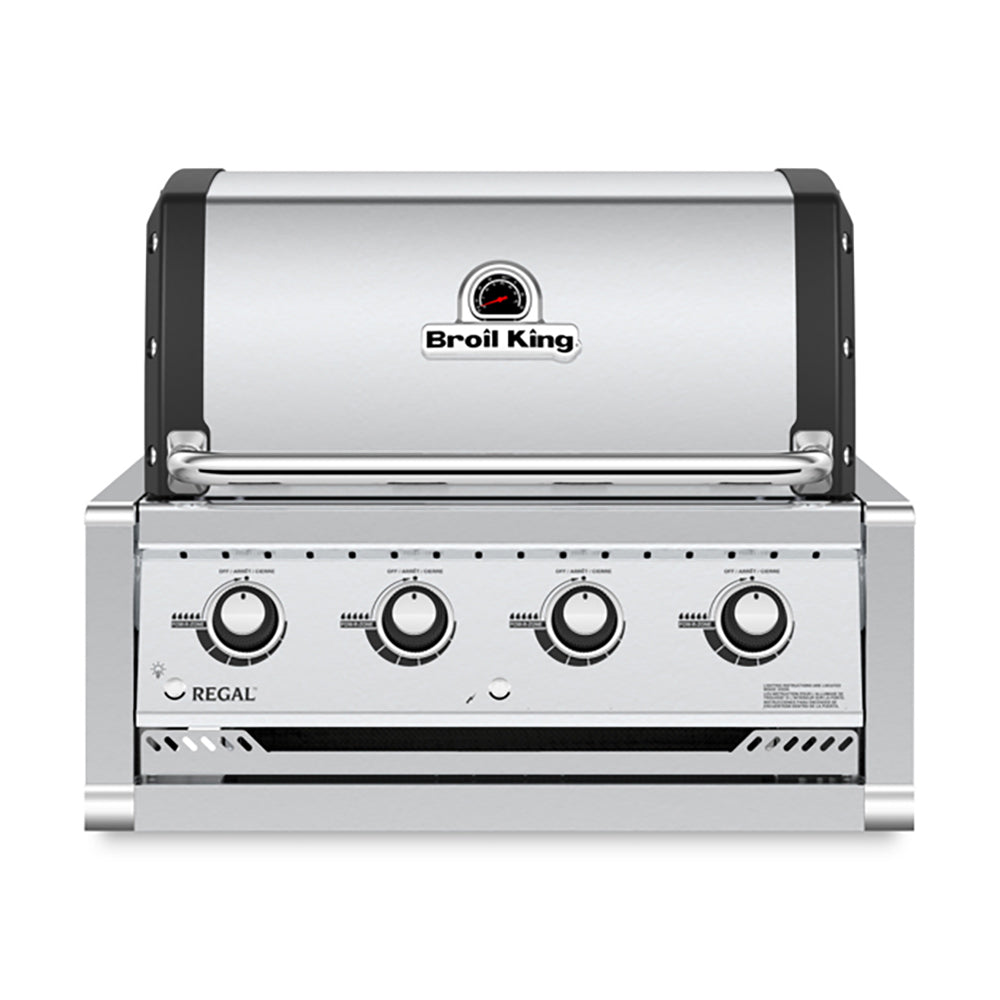 Stainless steel 4-burner built-in gas grill head with control panel and hood, front view