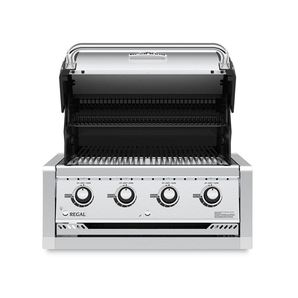 Stainless steel 4-burner built-in gas grill head with open lid, burners and grates visible