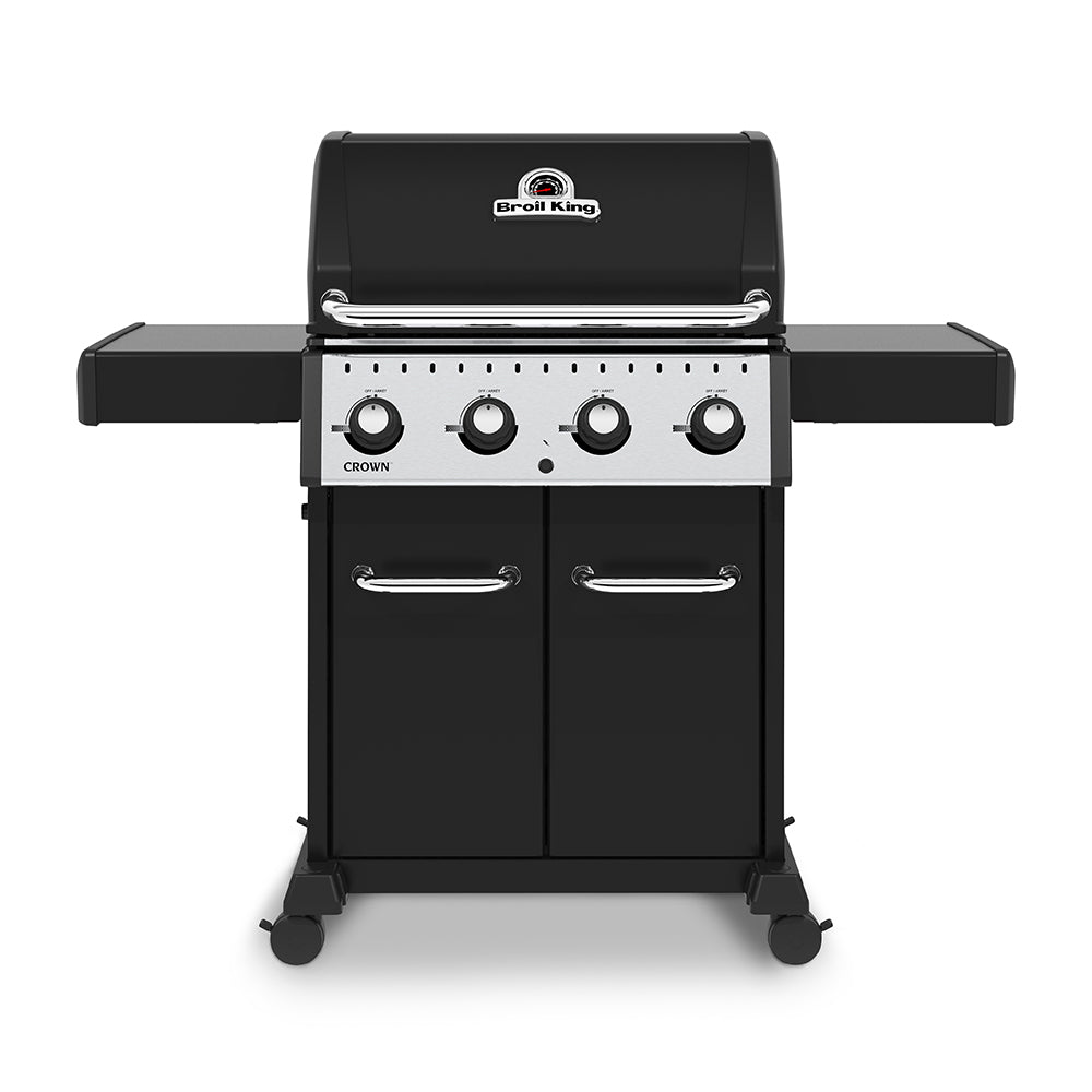 Black 4-burner gas grill with front control knobs and side shelves