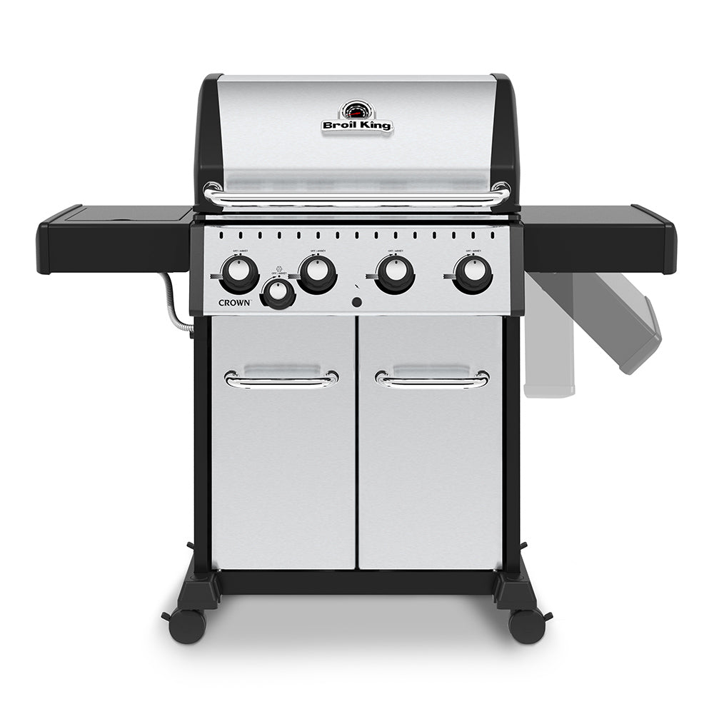 Stainless steel gas grill with side burner shelf extended and four control knobs
