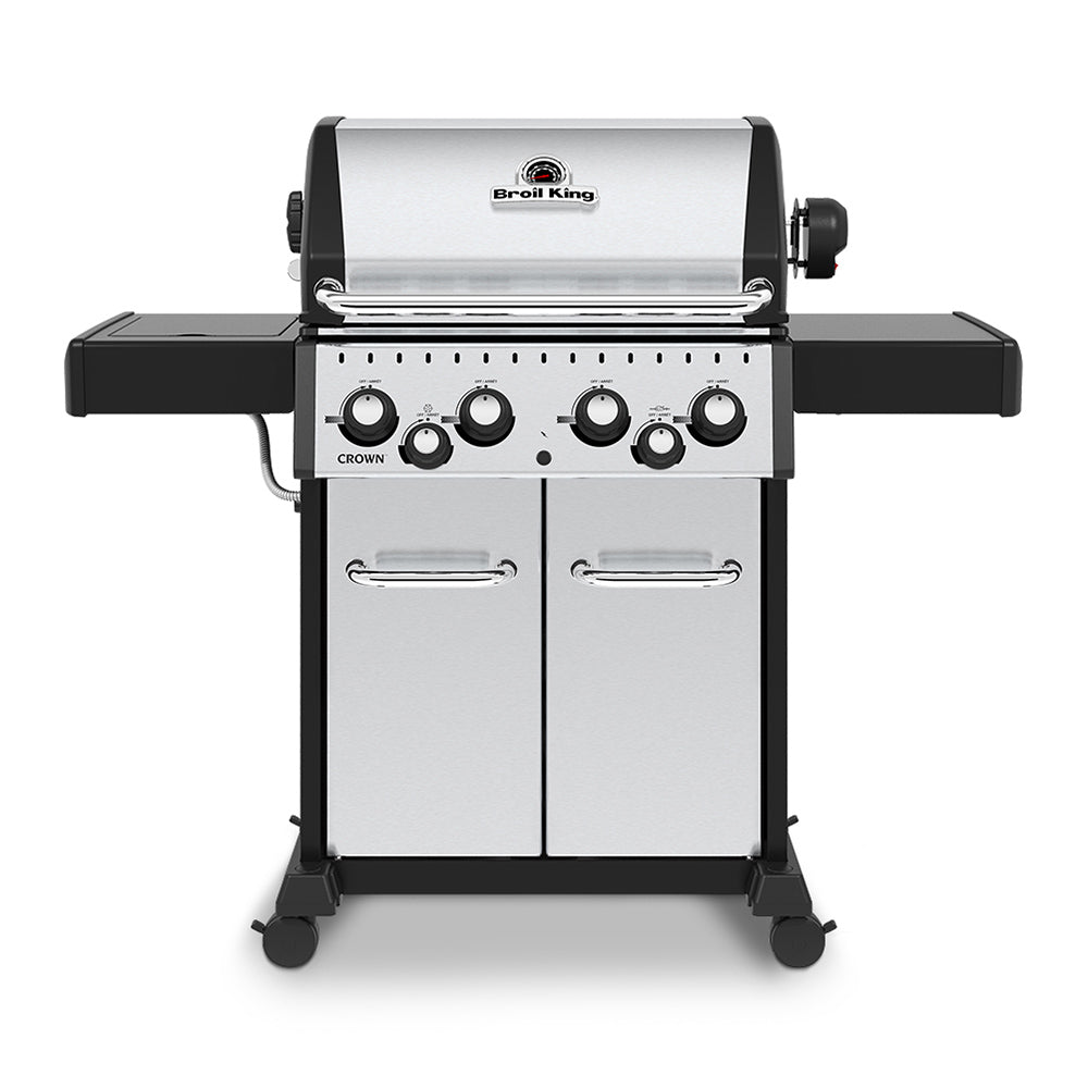 Stainless steel 4-burner gas grill with control knobs and side shelves, front view