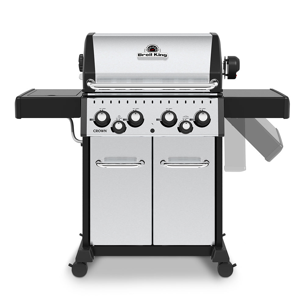 Stainless steel 4-burner gas grill with open lid, front controls and side shelf, angled view