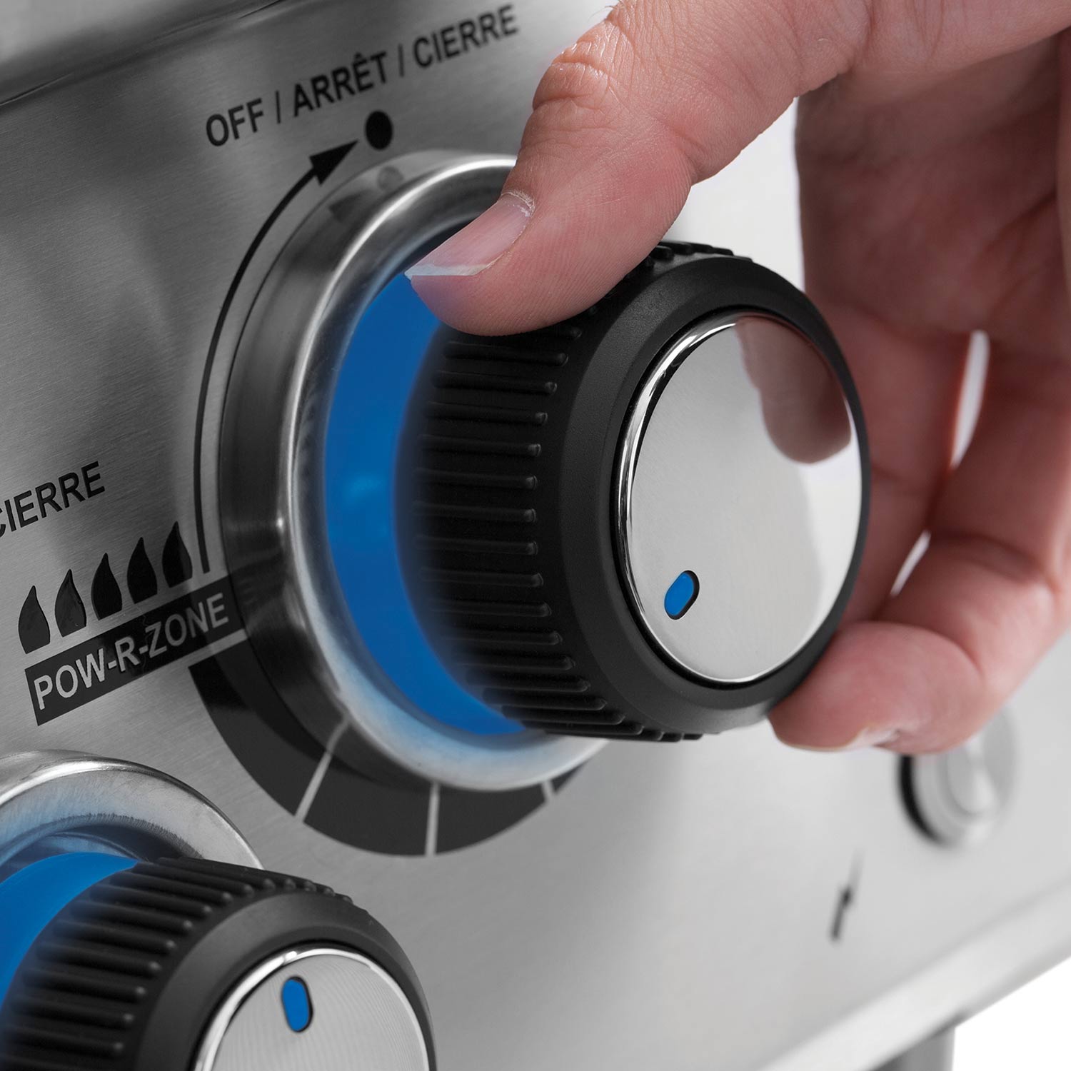Gas grill control knob with blue flame indicator ring
