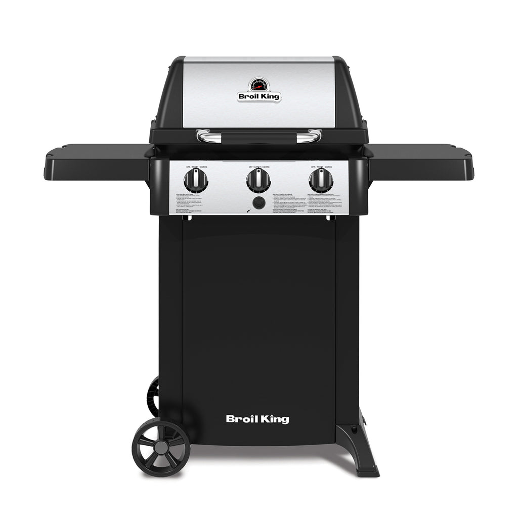 Broil King 3-burner propane grill on 2-wheel cart, front view, black cabinet