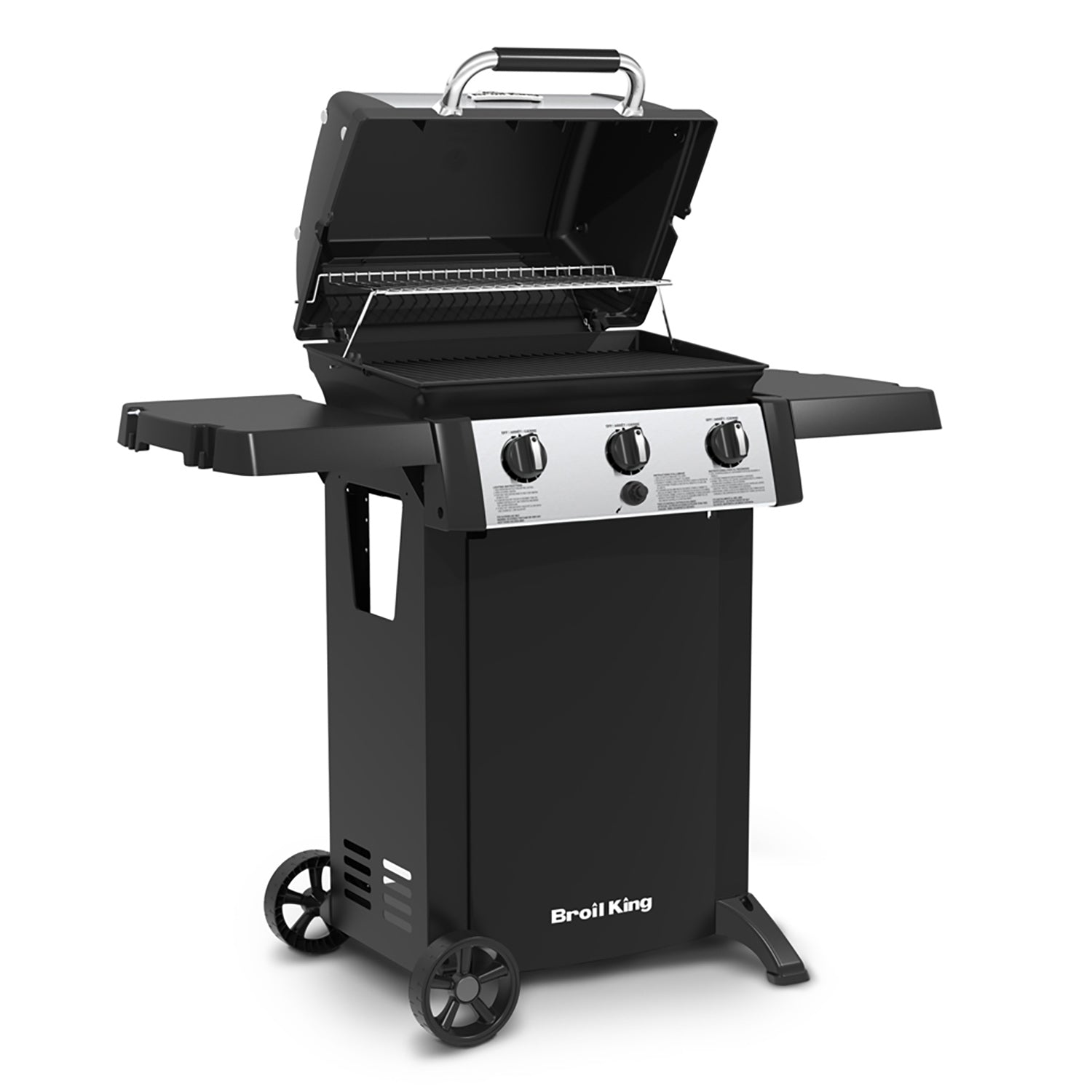 Broil King 3-burner propane grill with lid open, black cart stand, side controls