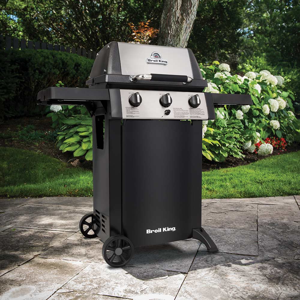 Broil King 3-burner propane grill on 2-wheel cart, front view, black body