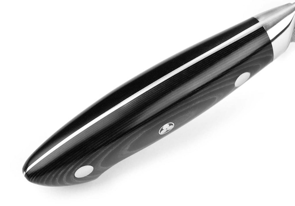Paring knife with glossy black handle and silver rivets, Damascus blade tip