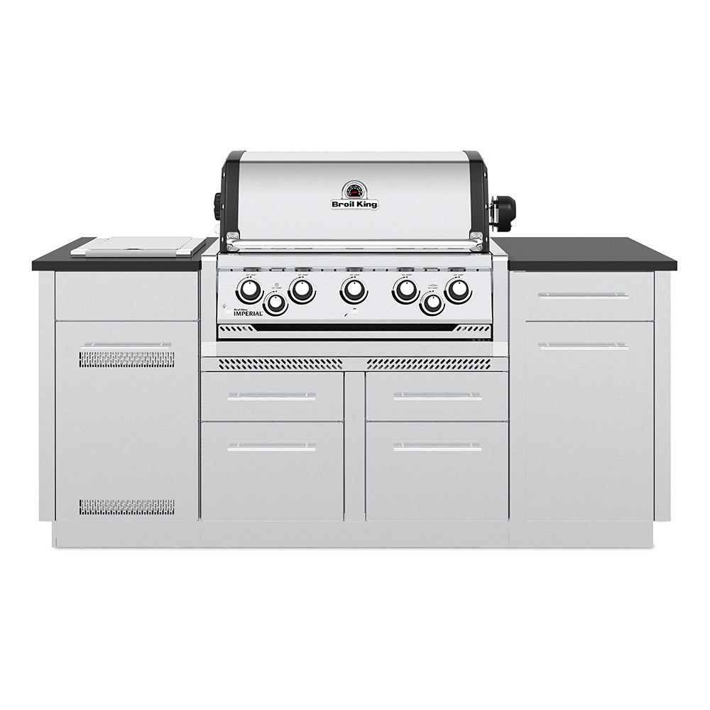 Stainless steel 5-burner gas grill with control panel and side storage cabinet