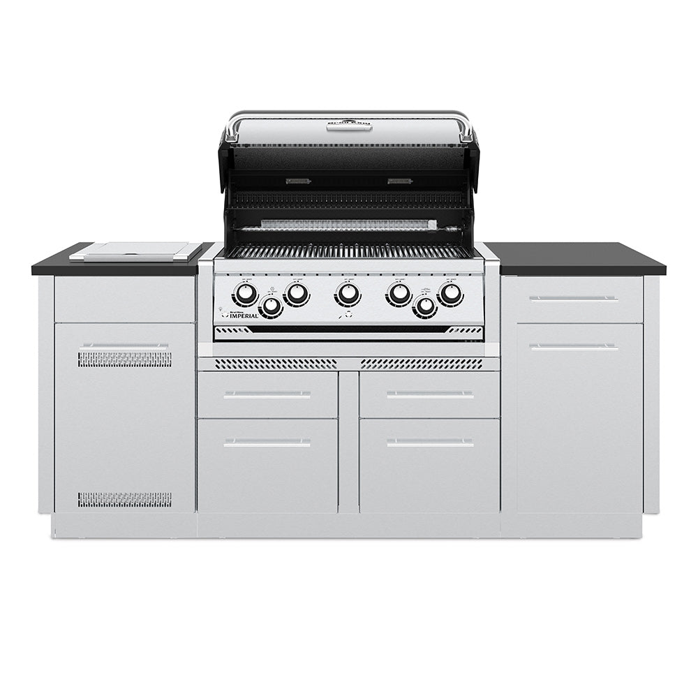 Stainless steel 5-burner gas grill with open lid and visible burners