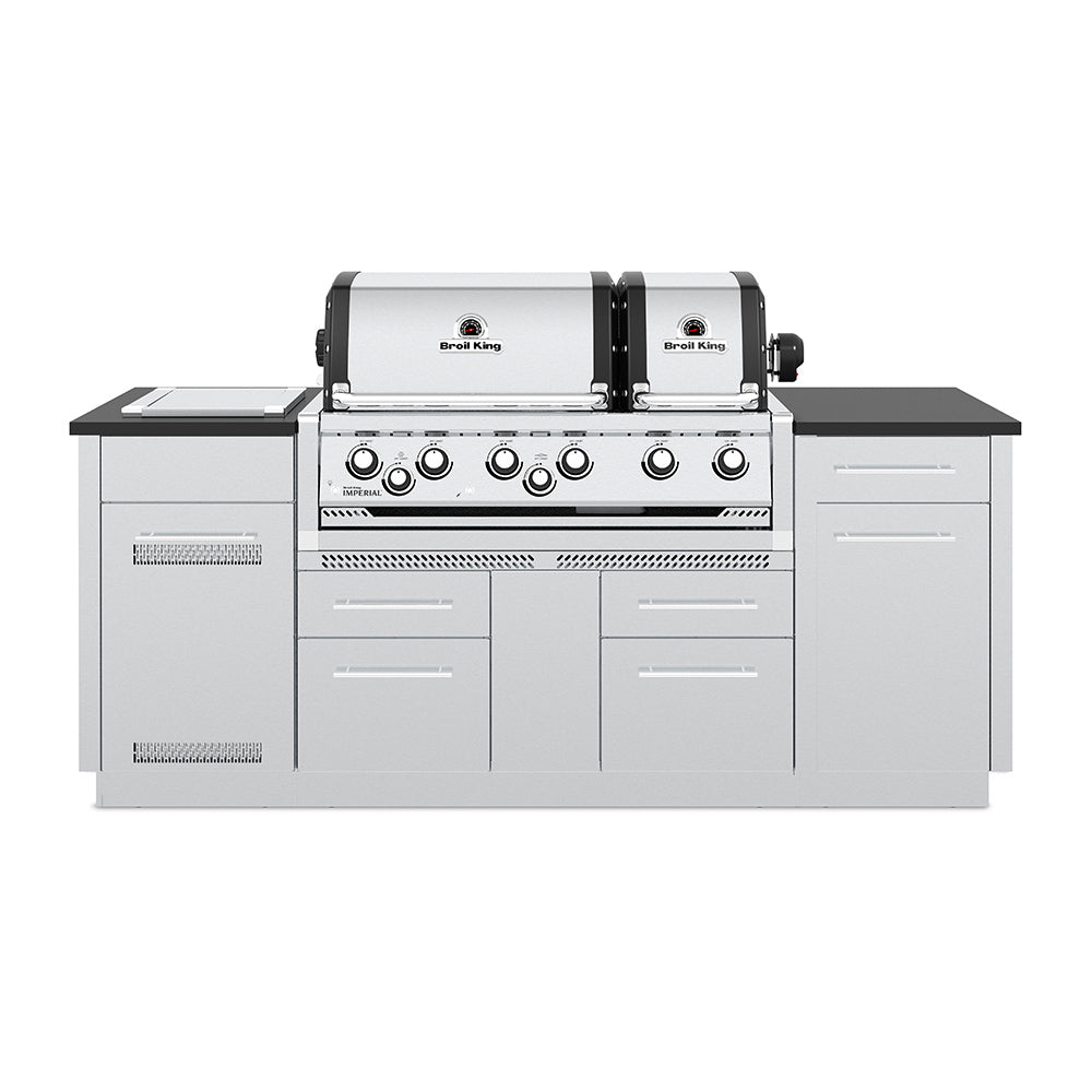 Stainless steel 6-burner gas grill with control knobs and side shelves