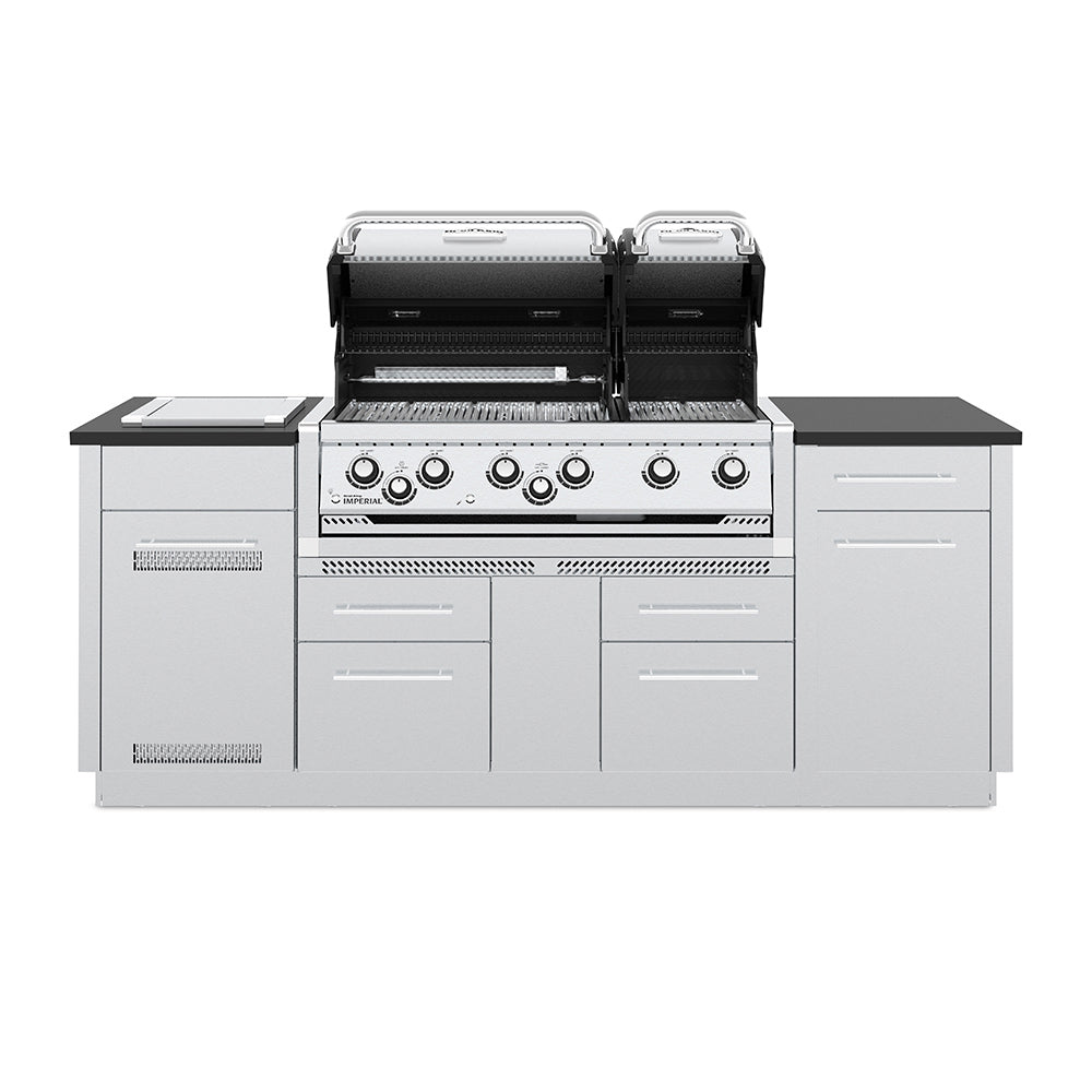 Stainless steel 6-burner gas grill with open lid and front burner controls