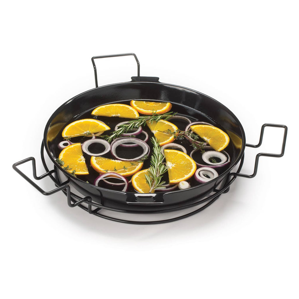 Black round grill diffuser kit with handles, holding cooking rings inside a keg grill