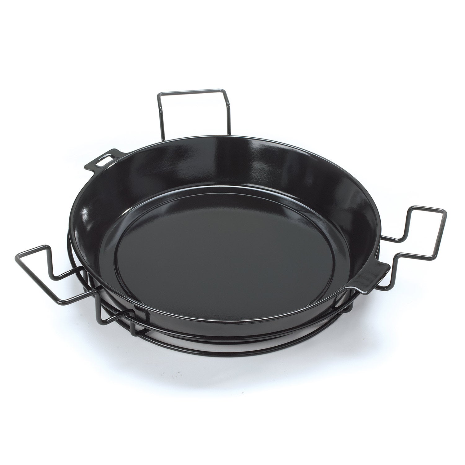Black round grill diffuser plate with folding handles for keg grills