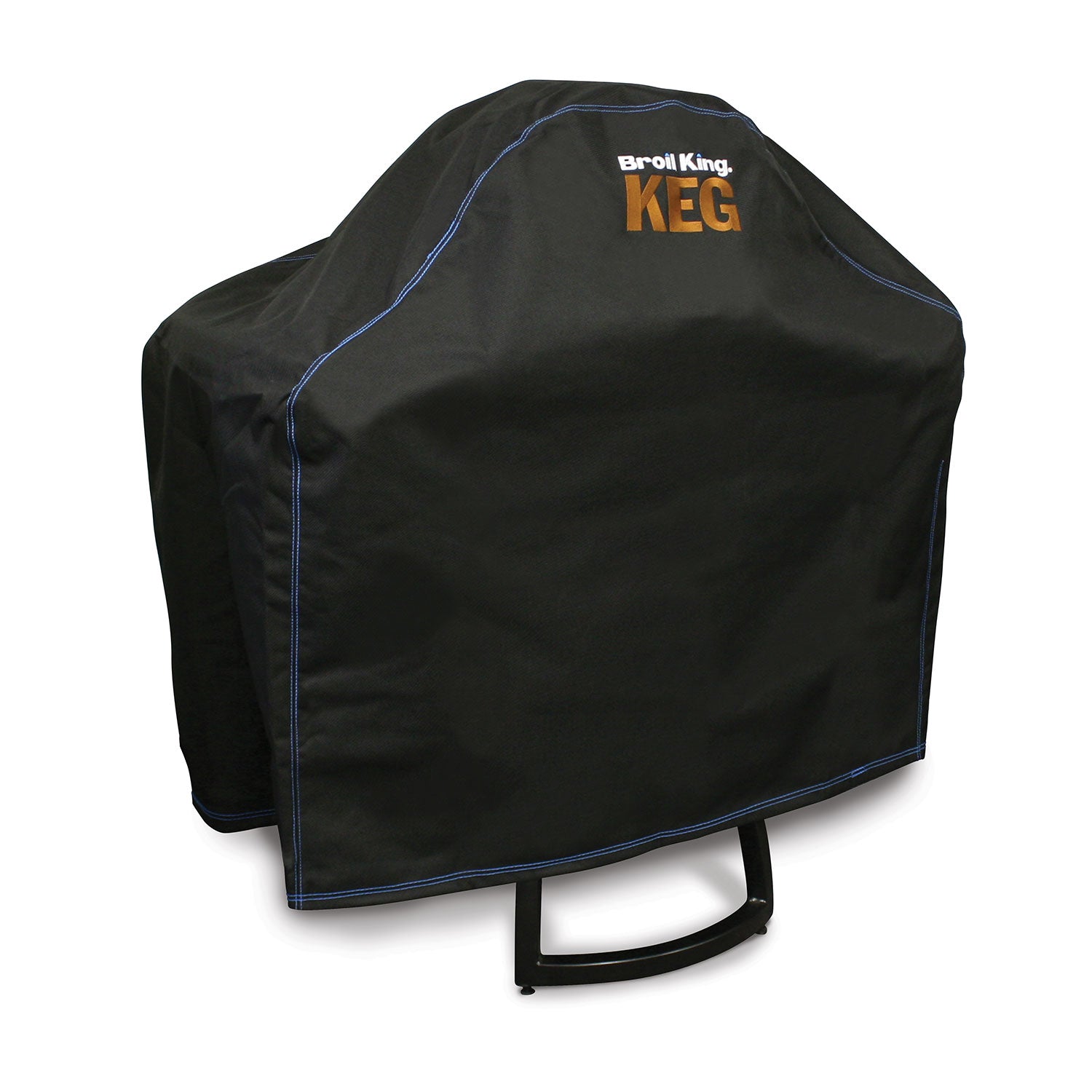 Black keg grill cover with blue piping and Broil King Keg logo