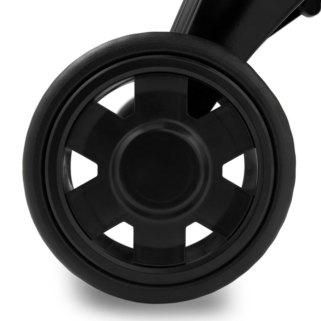 Charcoal smoker wheel with circular spokes and black rim, close-up