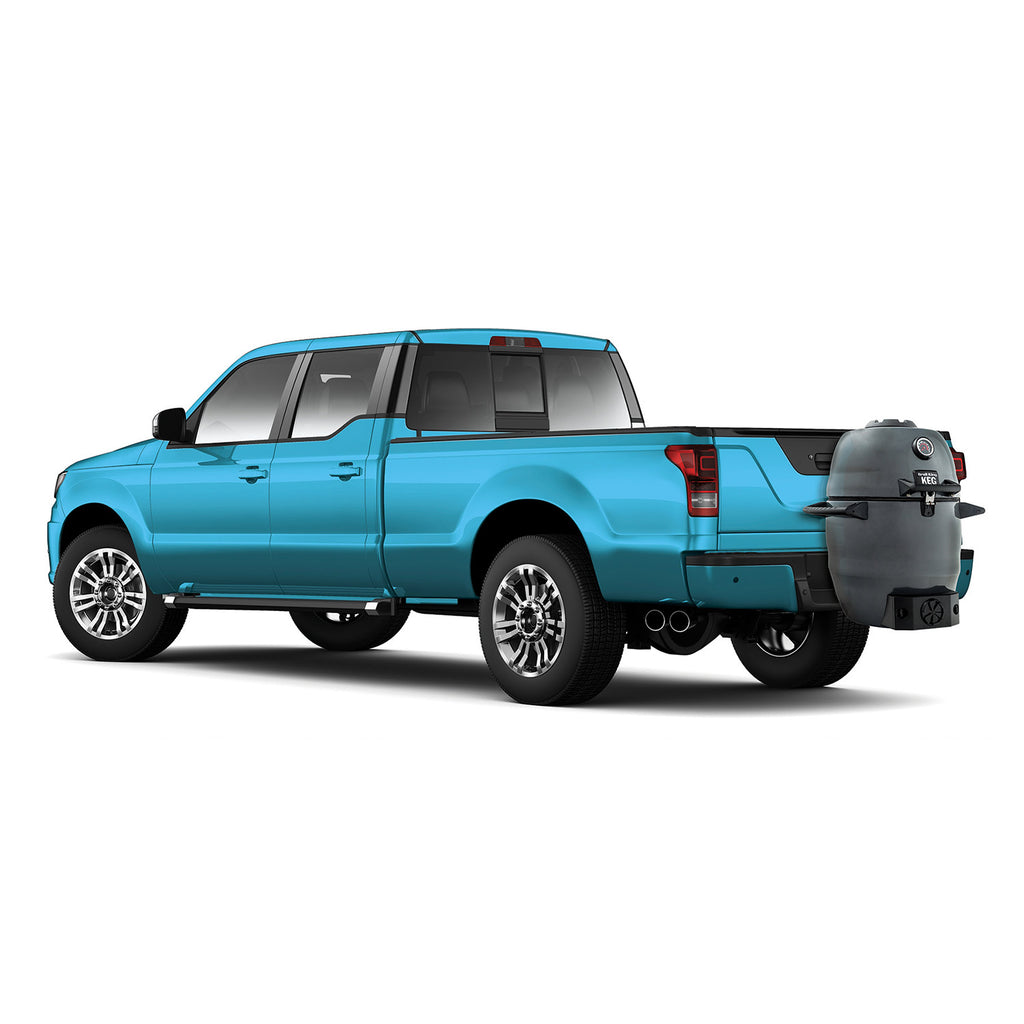 Blue pickup truck side view with rear cargo area, black wheels and bumper