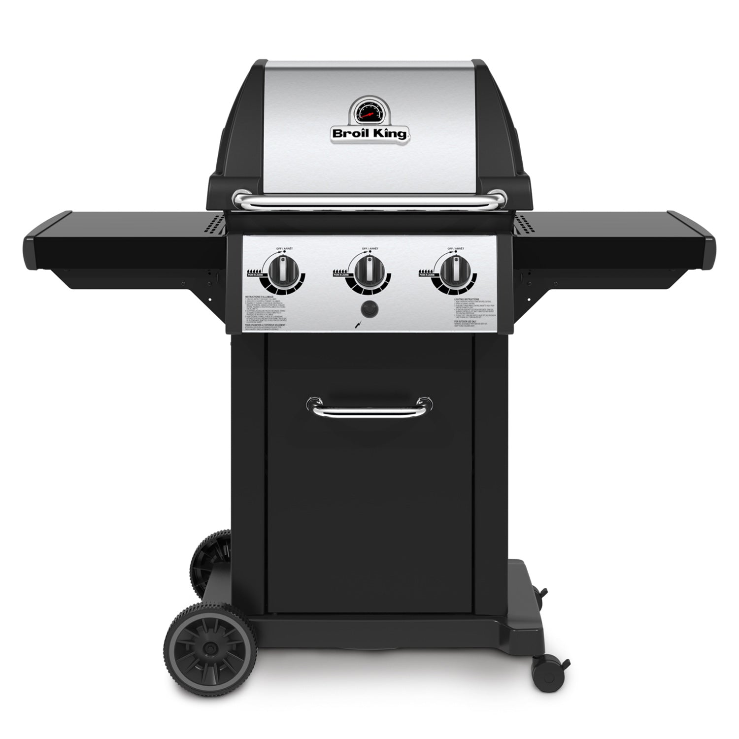 3-burner gas grill on 2-wheel cart, black steel body and side shelves