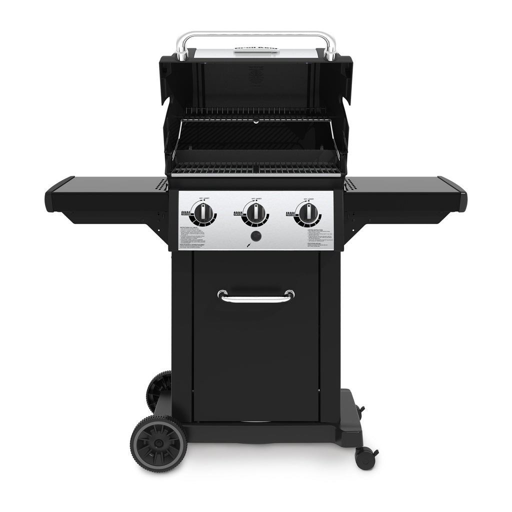 3-burner gas grill with open lid, grates and control knobs visible on the front panel