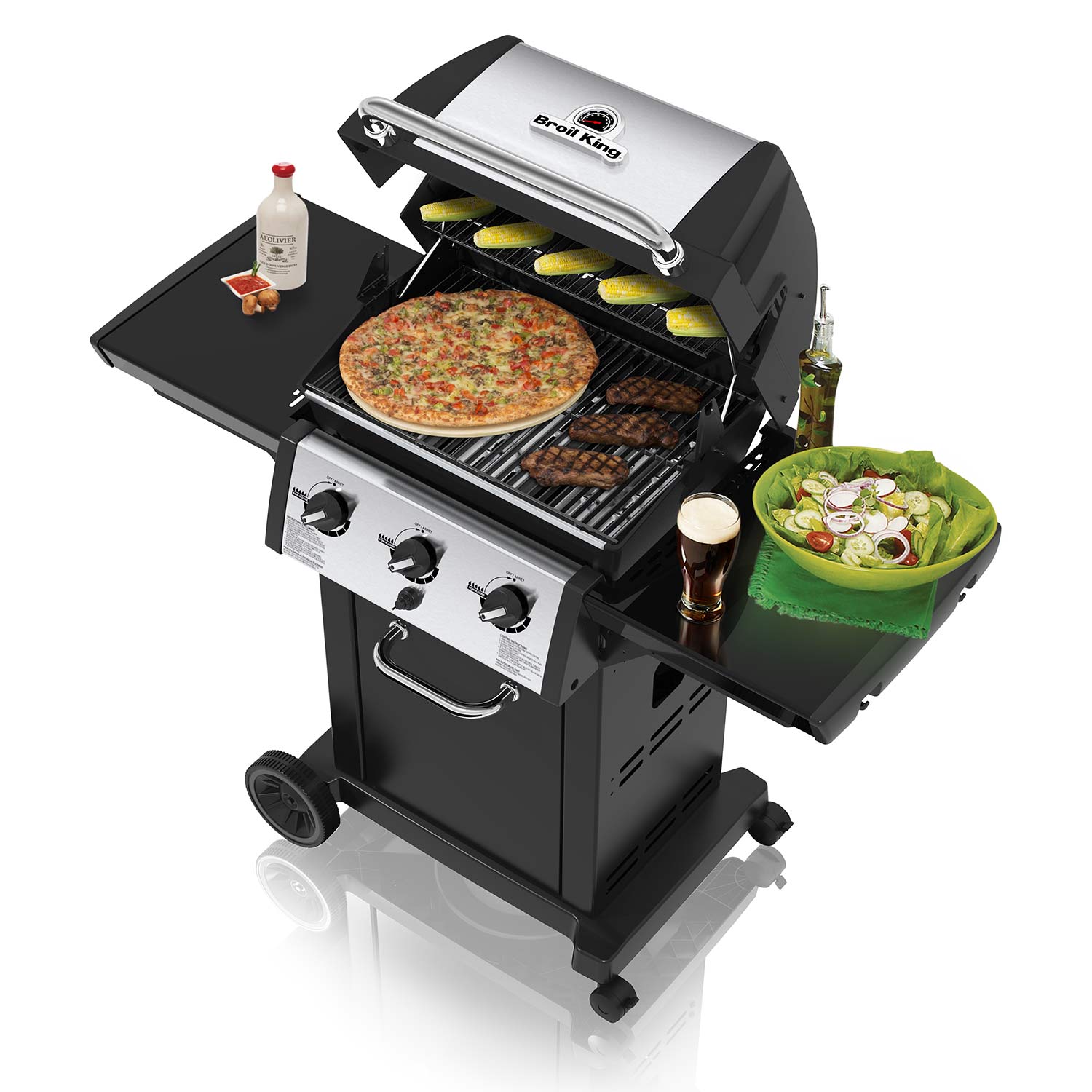 3-burner gas grill with open hood, pizza and steaks on cooking grates