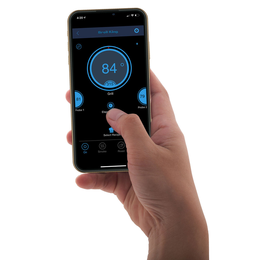 Smartphone displaying pellet grill app with 84° target and control icons