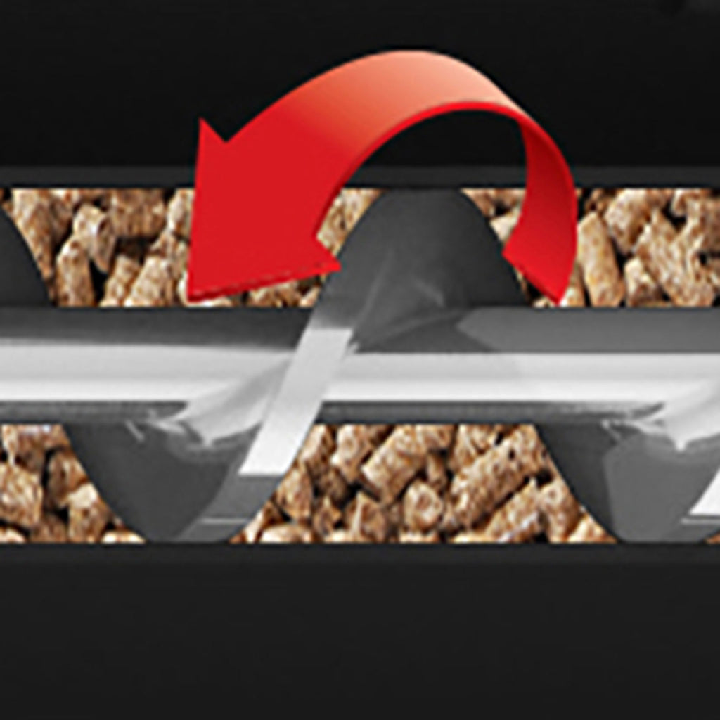 Pellet smoker auger mechanism with red arrow above wood pellets